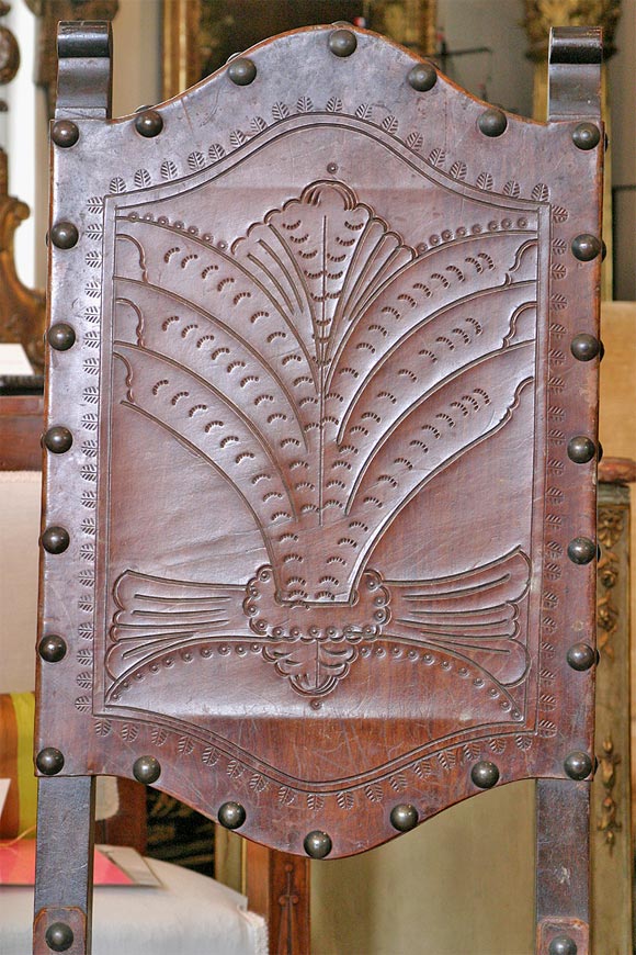 19th c. embossed leather chairs