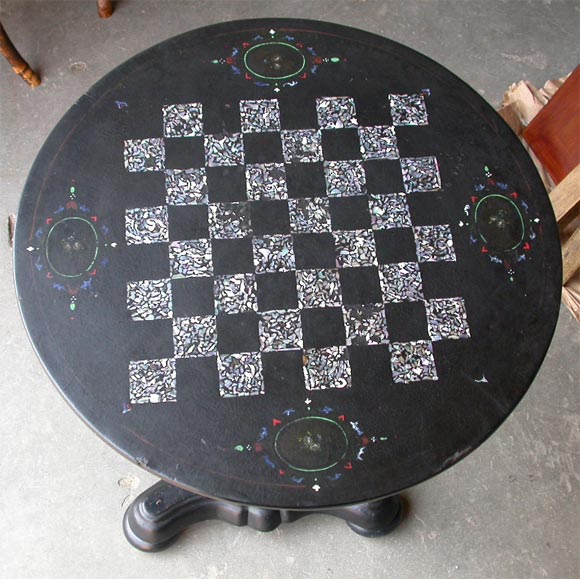 Papier Mache and Mother of Pearl Game Table, has tilt top