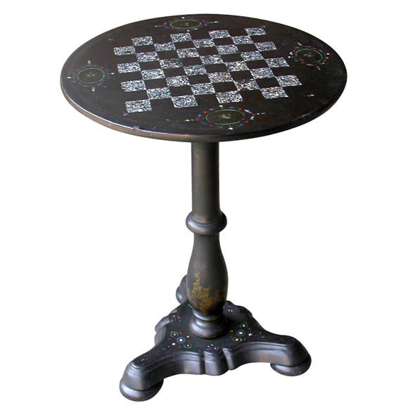 Victorian Papier Mache & Mother of Pearl Tilt Top Game Table For Sale