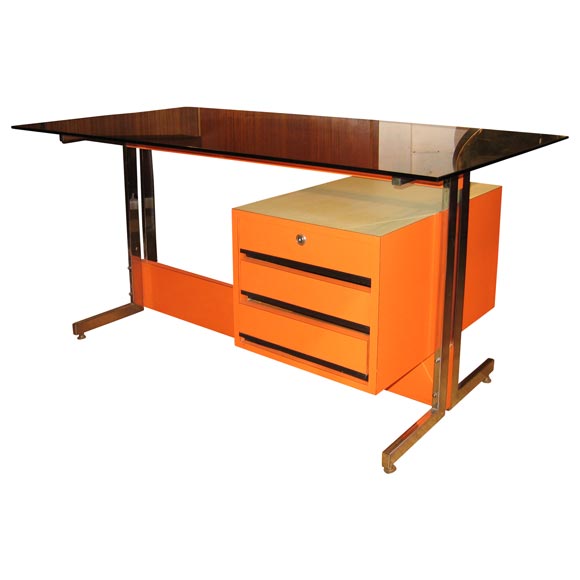 Orange and White Desk with Smoked Glass Top by Knoll For Sale at 1stDibs