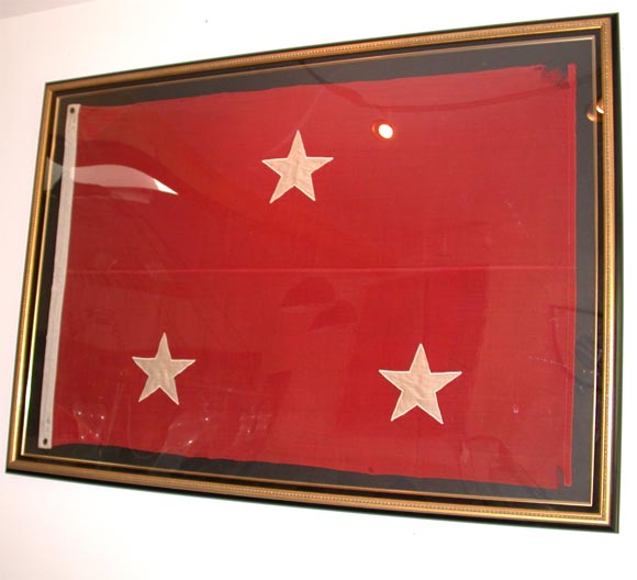 WWII LT. Generals Flag.  Red with 3 hand stitched stars.  Gauze farbic. Grotmets on top and bottom edge.