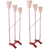 Pair of Red Metal Standing Lamps in the Style of Jean Royere