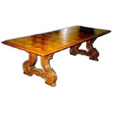 French 19th century oak parquet dining table on carved lyre base