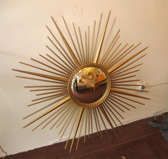 French Brass Sunburst Convex Mirror