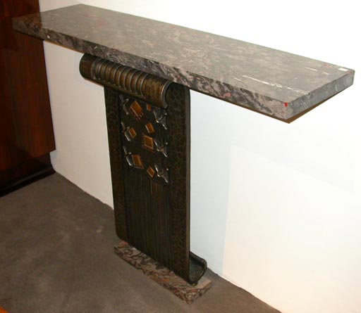 Exceptional Art Deco Gilt & Patinated wrought-iron Console,<br />
with its original french marble top and base.<br />
by Michel Zadounaisky(1903-1983<br />
Lyon, France, Circa 1930