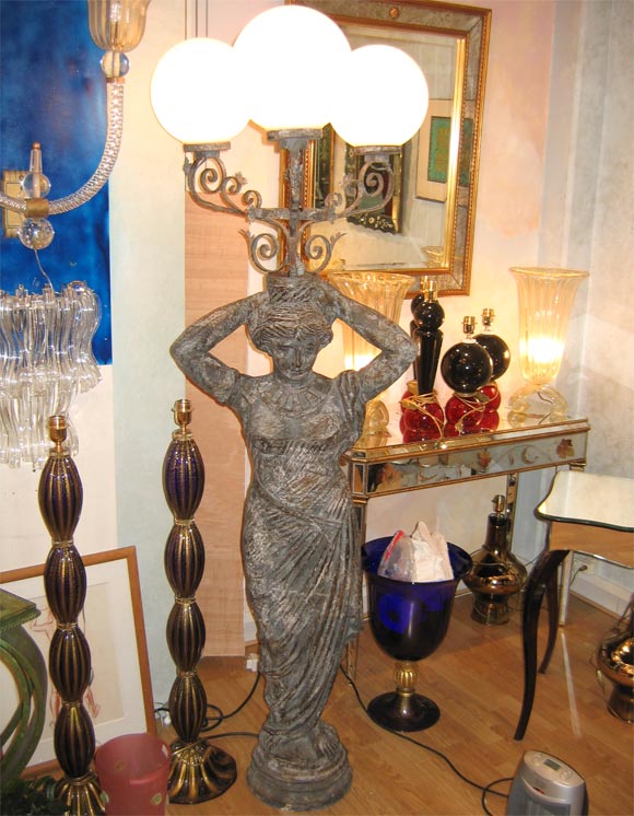 Resin Draped Female Figures Holding Three Bulbs