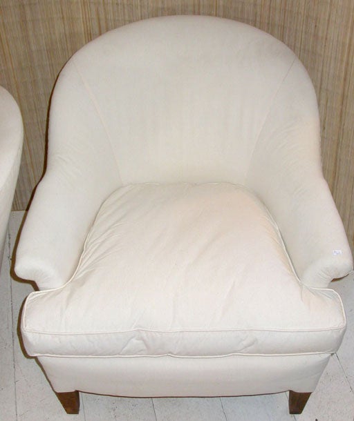 Pair of early 20th century spoon back chairs newly upholstered  in white muslin.