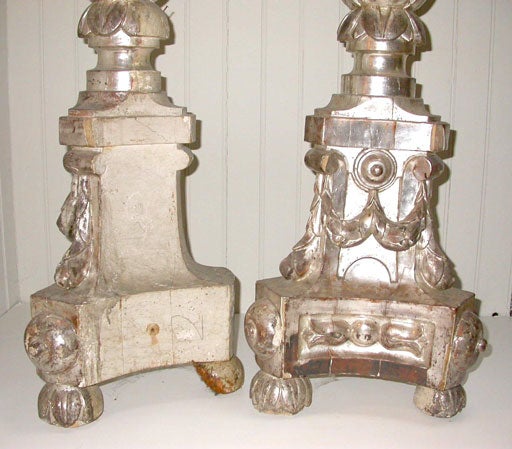 Pair of Carved Silver Leaf Prickets