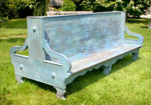 Large doublesided blue painted teak railroad bench from Pennsylvania.