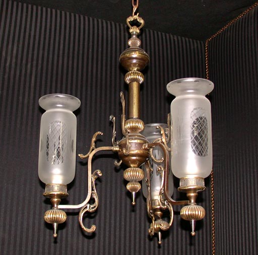 Three Light Chandelier with Frosted and Etched Shades