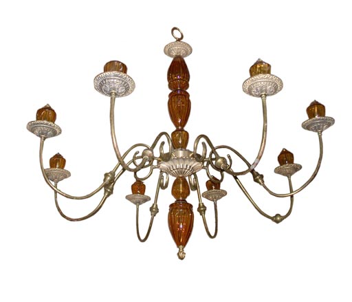 Eight Arm Brass Chandelier with Amber Glass