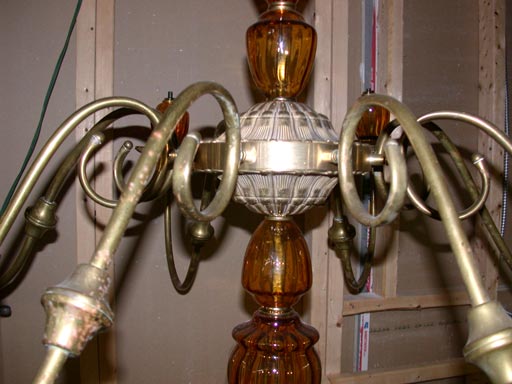 20th Century Eight Arm Brass Chandelier with Amber Glass