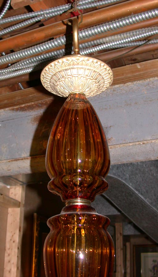 Eight Arm Brass Chandelier with Amber Glass 1
