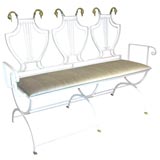 Wrought iron  campaign bench with brass swan detailing