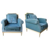 Two Large Louis XVI Style Blue Velvet Armchairs