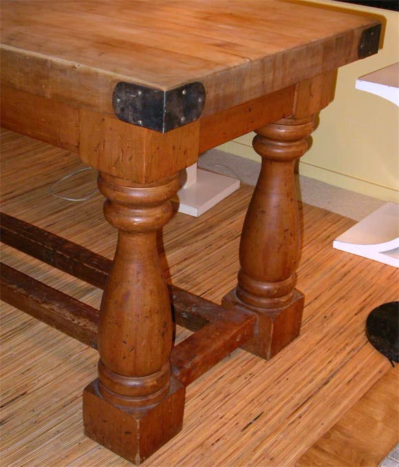 Antique French Pine Table  with banded Butcher Block Top