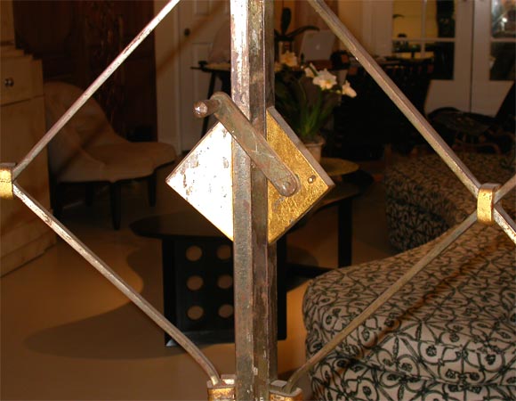 Pair of incredible entrance gates by Jean Royère in steel with gold gilded centers.
Well documented. Provenance Billy Gaylord, San Francisco.
Also included are the hinged upright mounts.