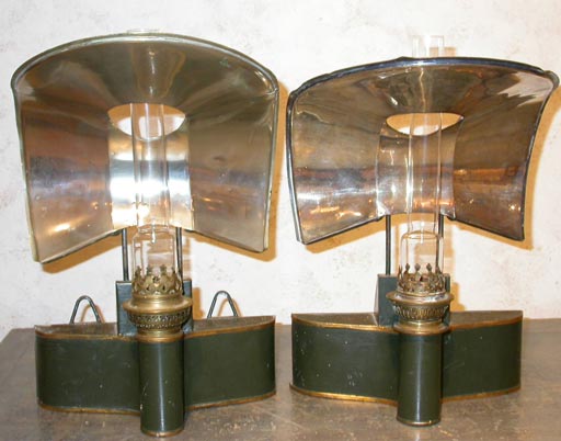 A pair of French, 19th century painted tole railway car oil lamps. Each marked 