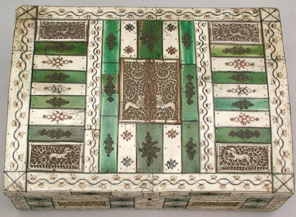 LARGE RUSSIAN GREEN-TINTED AND NATURAL BONE-APPLIED DOMED BOX