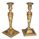Antique INDIAN POLYCHROMED AND GOLD LACQUERED CANDLESTICKS