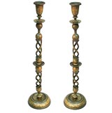 Antique PAIR OF ANGLO-INDIAN GREEN-GROUND CANDLESTICKS W/ CHINESE MOTIFS