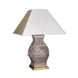 CHINESE POLYCHROMED GRAY POTTERY VASE NOW  AS A TABLE LAMP