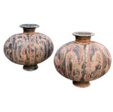 COMPANION PAIR OF CHINESE PAINTED GRAY POTTERY COCOON JARS