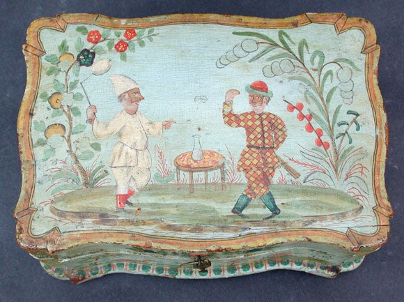ITALIAN AQUA-GROUND PAINTED BOX W/ HARLEQUIN AND PULCINELLA