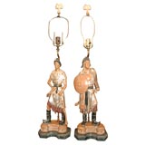 Pair of asian carved wood, silver leaf lamps attb  to James Mont