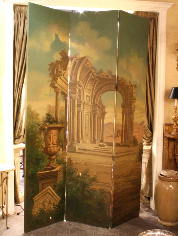 Outstanding eight-panel screen, oil on canvas streched on wooden frame depicting a classical Roman screen. Note: Listed measurements are of each panel.