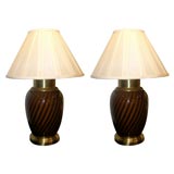 Vintage Pair of Tiger's Eye Glass Table Lamps with Brass Bases