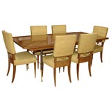Mahogany set of 8 chairs & sycamore/bronze table by Jules Leleu