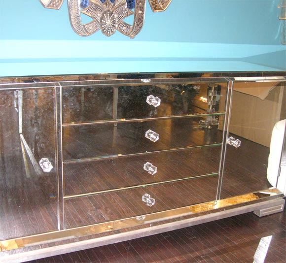 Custom Mirrored Greek Key Base Console In Excellent Condition For Sale In New York, NY