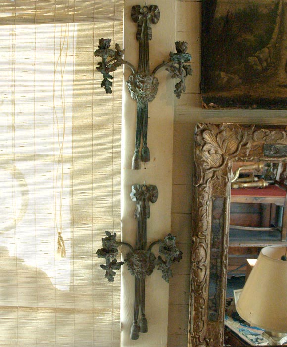 Pair Patinated Bronze Sconces