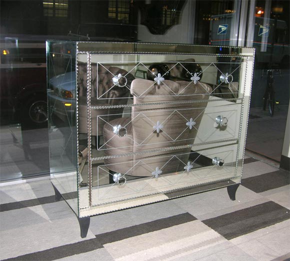 Pair of Reverse Etched Mirrored Commodes
