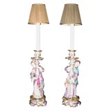 Pair of Paris porcelain figural candlestick lamps