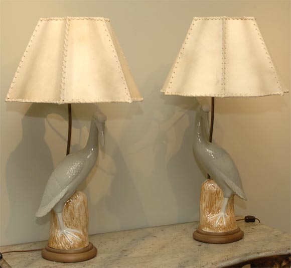 Wonderful Pair of Porcelain Glazed Blue Heron Lamps 2