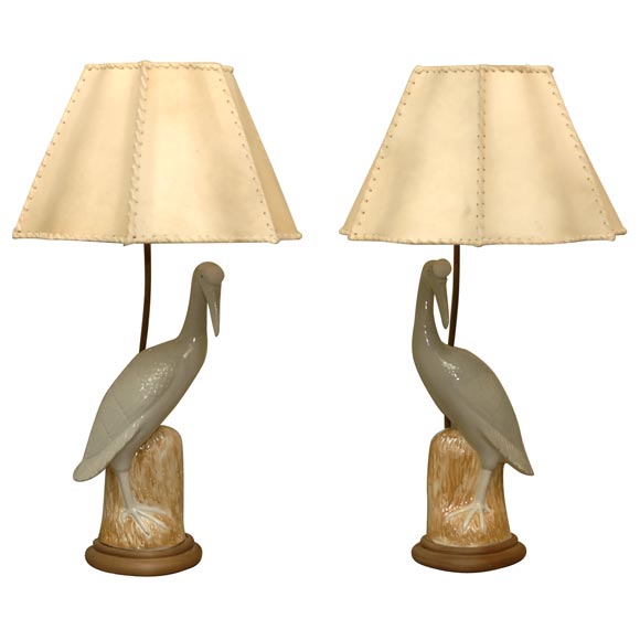 Wonderful Pair of Porcelain Glazed Blue Heron Lamps