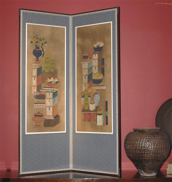 20th Century Korean 2 Panel Scholar Screen with bookstacks, objects and flower arrangements.  K3-122510