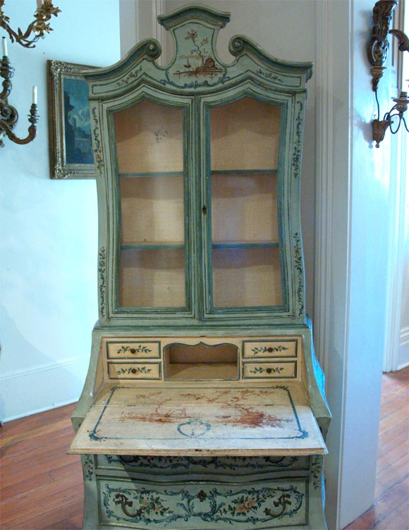 Italian Venetian Painted Bombe Secretary Bookcase