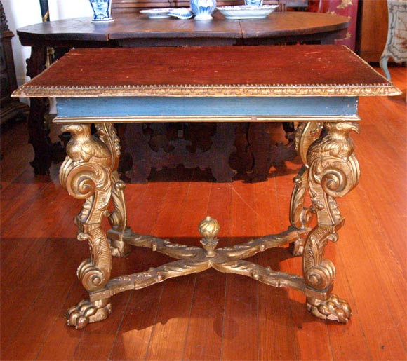 Wonderful 17th century, Italian giltwood console table with silk velvet top (19th century addition, would have always been fabric) Exceptional carving.