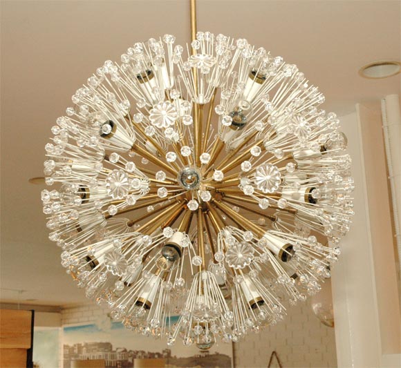 Large scale Austrian sputnik chandelier by Emil Stejnar. Dozens of plexiglass balls and flowers stem from brass center. Professionally rewired.