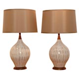 Pair of Danish pottery teak table lamps