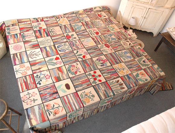1930'S RARE PICTORIAL /FLORAL ROOM SIZE HAND HOOKED RUG