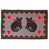 Vintage MOUNTED PICTORIAL HAND HOOKED  CATS AND HEARTS RUG