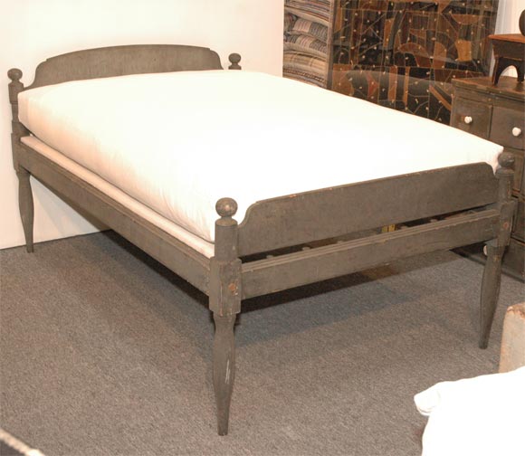 19THC ORIGINAL GREYPAINTED BED WITH CUSTOM MADE MATTRESS