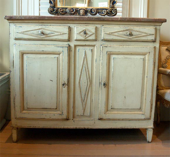 19th century Directoire Belgium painted buffet with two doors, three drawers and faux marble painted top.