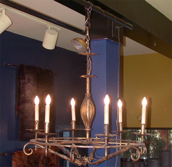 Copper Gilt Chandelier in the Form of a Wheel with six Candle Lights and an Overall Leaf and Wheat Motif.  Canopy attached.