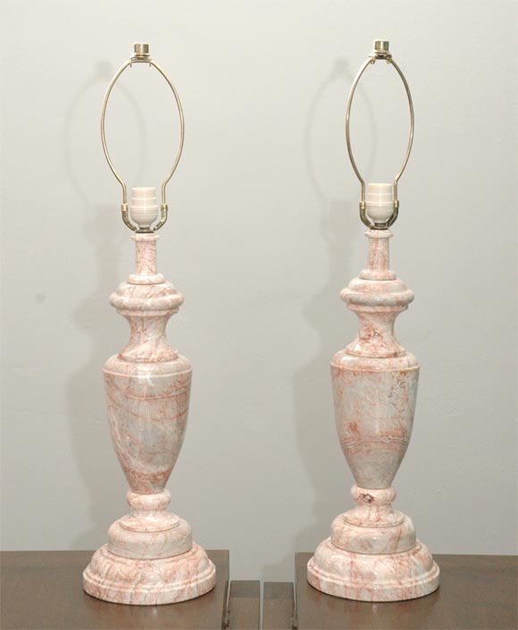 Pair of classic table lamps. Beautiful pink marble. In the style of legendary French interior designer Madeleine Castaing.
