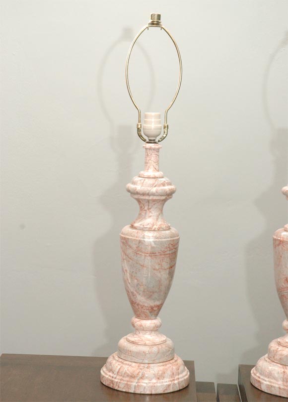 French Pair of pink marble table lamps